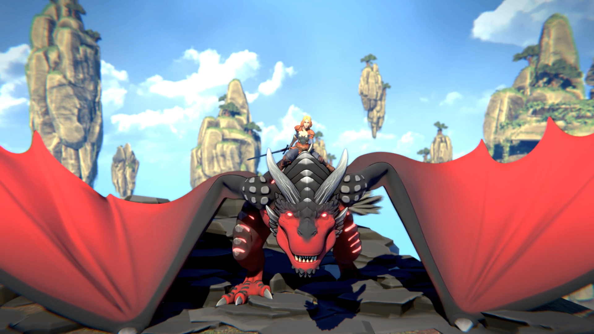A dragon rider soaring over the floating Crystal Sky Islands at sunset