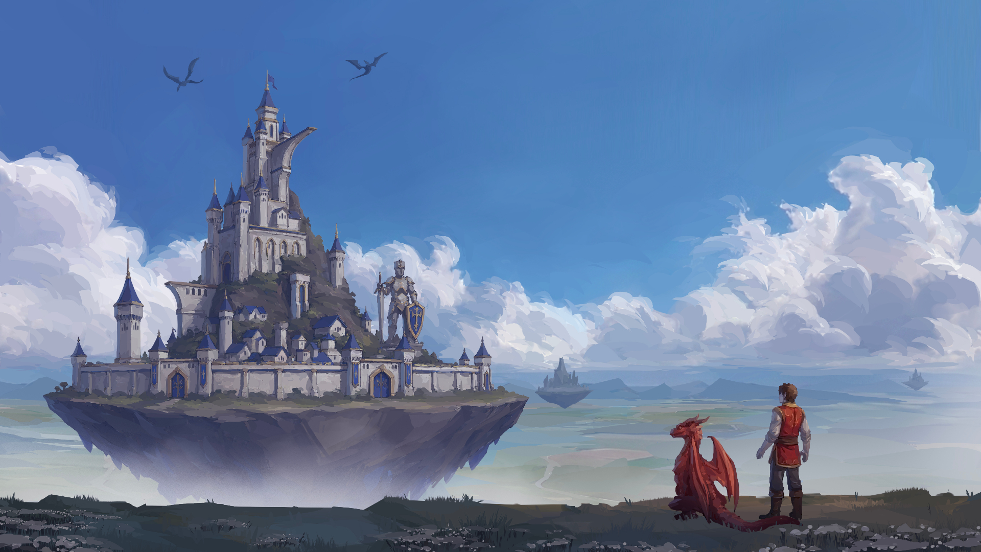 A floating sky island kingdom with a grand castle, dragon, and rider